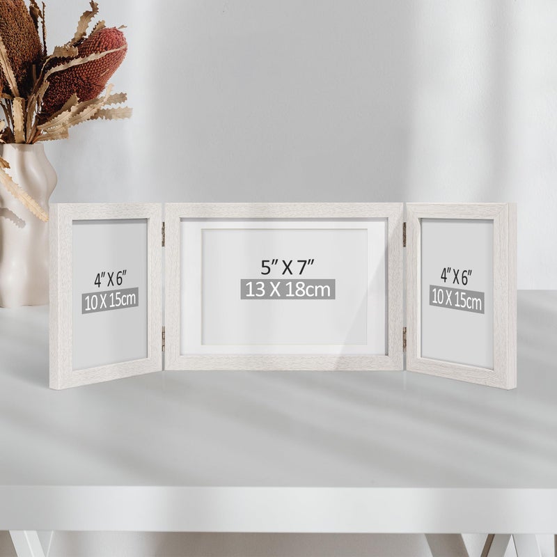 Afuly 3 Picture Frame 5x7 4x6 Triple Hinged Picture Frames White Folding Photo Frames Collage 3 Opening for Tabletop Desk Display Unique Gifts for Christmas Women Mom Couple Family, 2 * 4x6+1 * 5x7 - Image 3